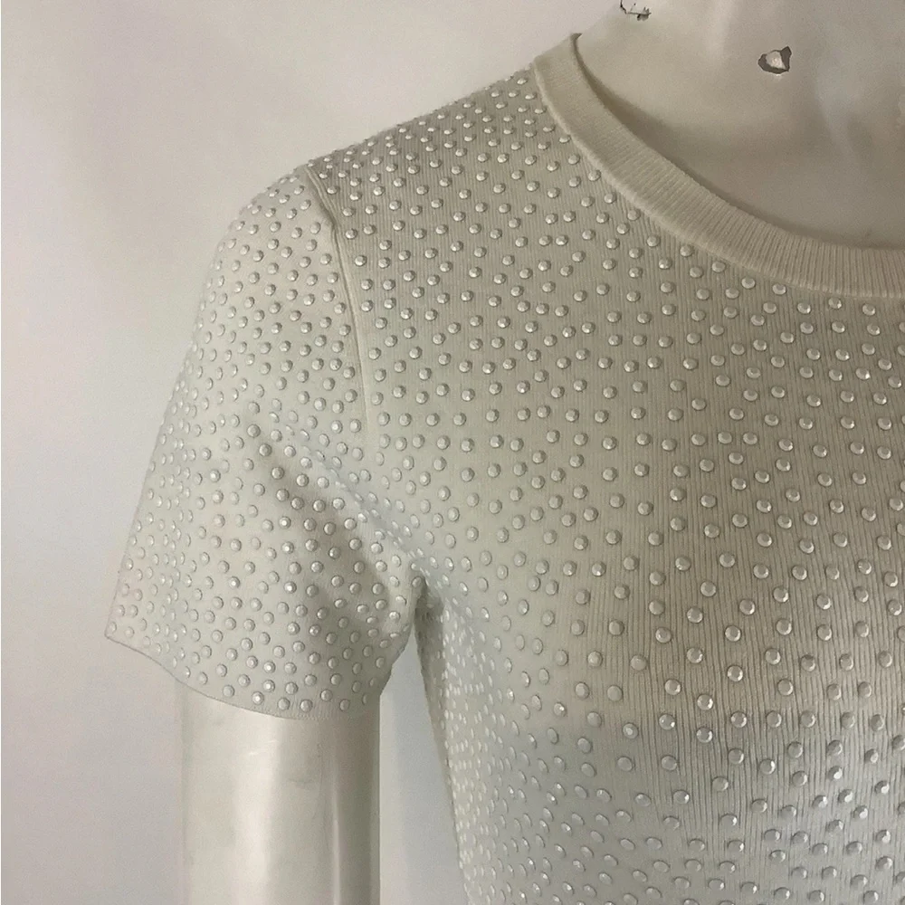 Alice Olivia Sz M All Over Beaded Studded Sheath Pullover Dress White Nylon - Picture 3 of 8